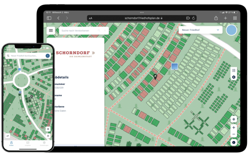 Sistema de búsqueda PBSGEO mostrando mapas interactivos y códigos QR para localizar tumbas fácilmente.