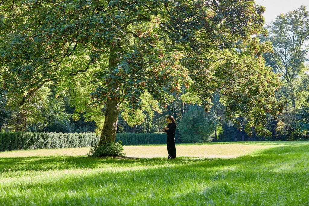 Eine Person steht unter einem Baum und schaut auf das Grünflächenkatater