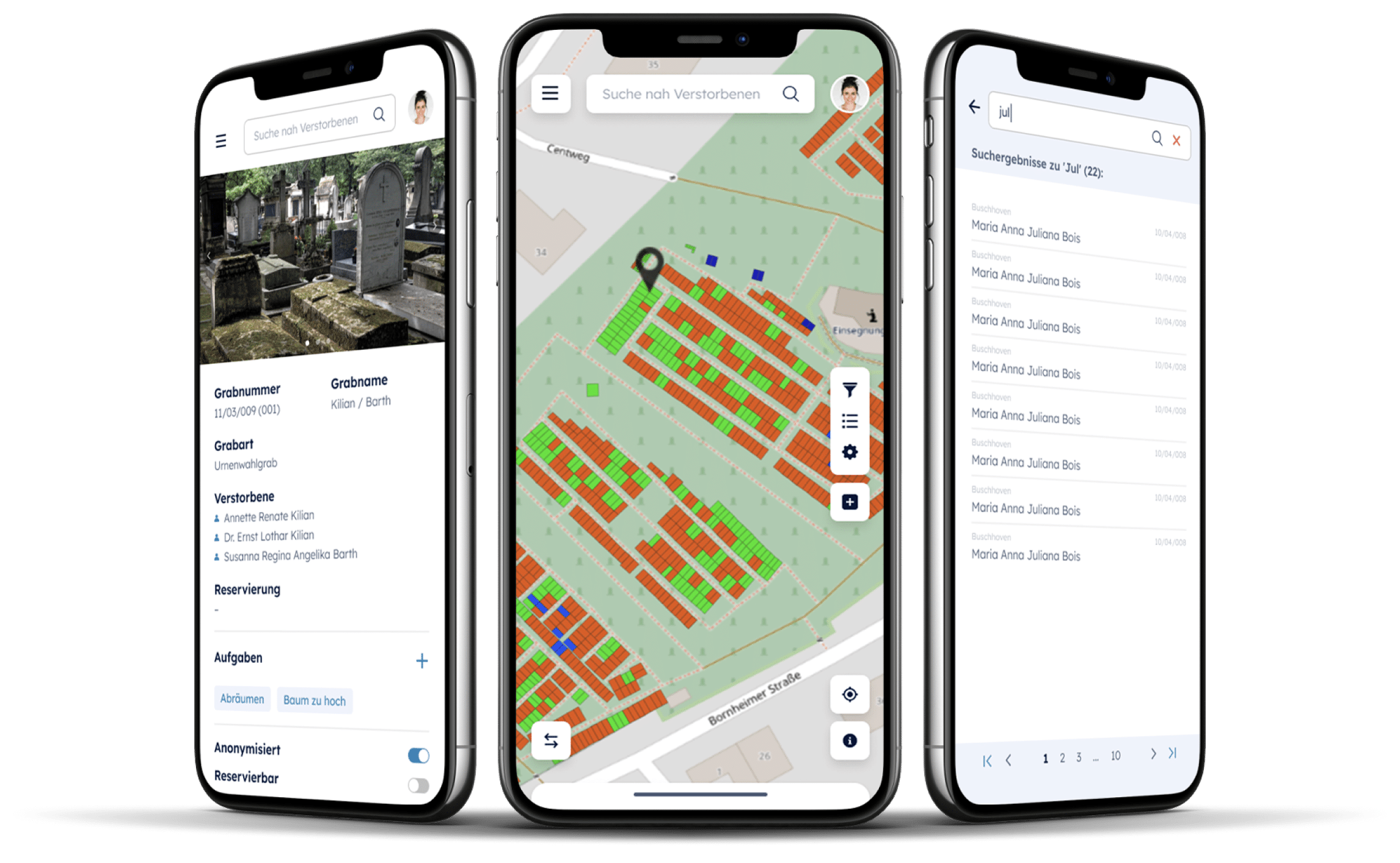 Die Aufgabenverwaltung des digitalen Friedhofsplans auf drei Smartphones