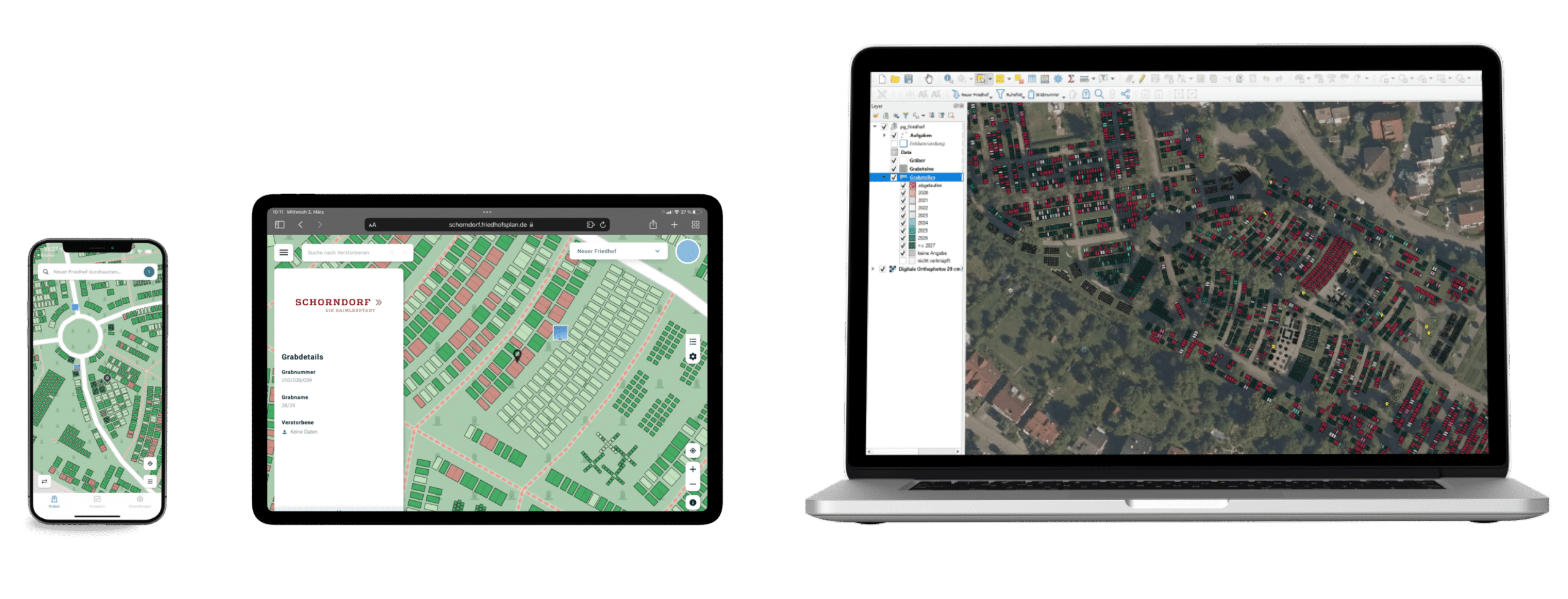 Der digitale Friedhofsplan auf dem Smatphone, Tablet und Laptop