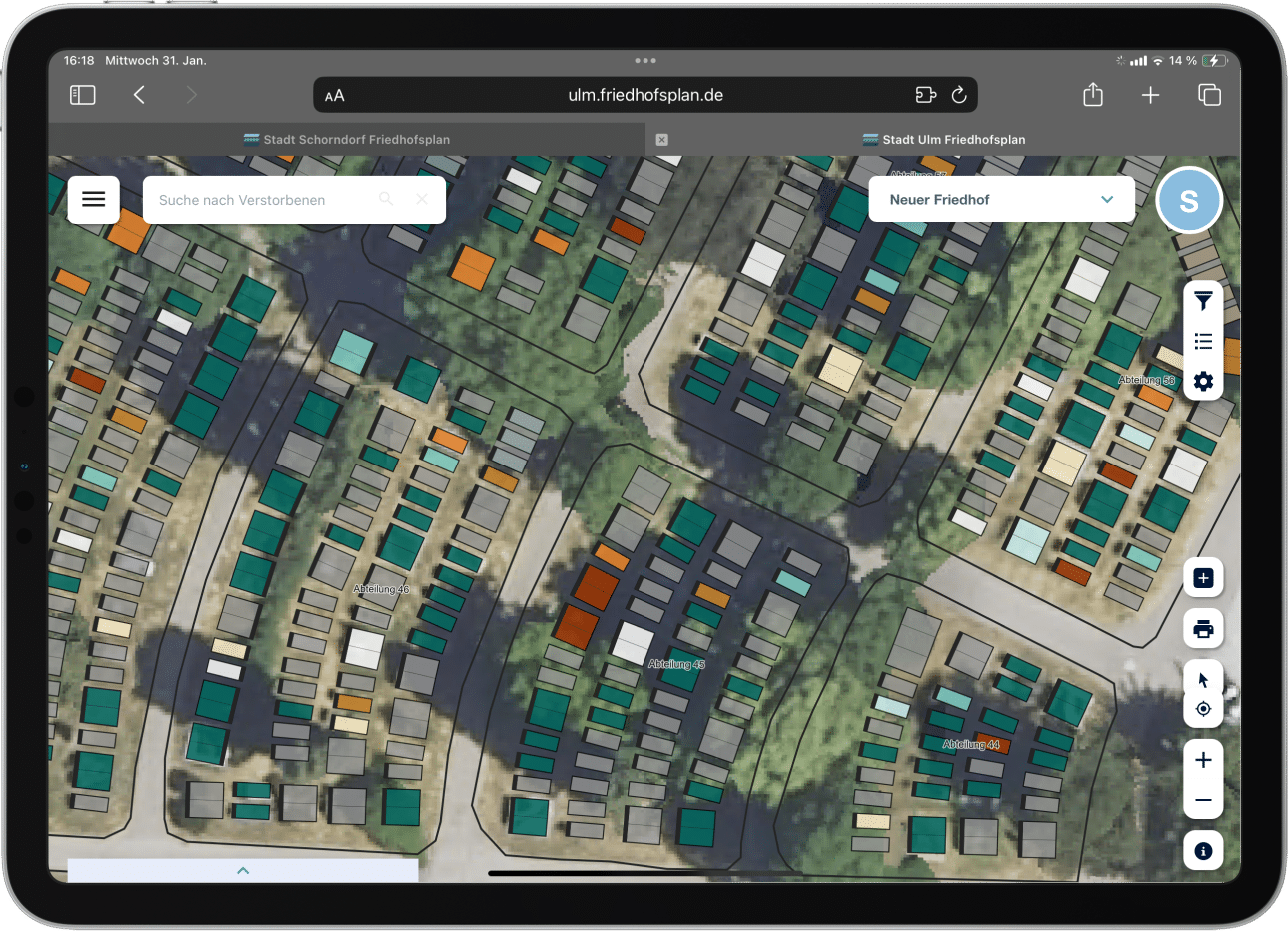 Der digitale Friedhofsplan von Ulm auf dem Ipad