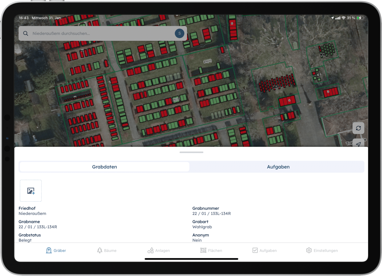 Der Friedhofsplan auf dem Ipad mit Grabdaten