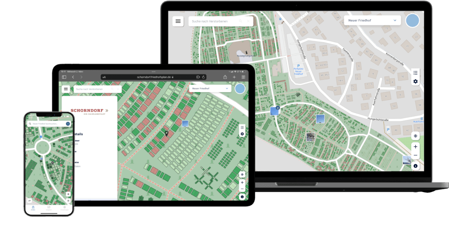 Der digitale Friedhofsplan auf einen Smartphone, Tablet und Laptop