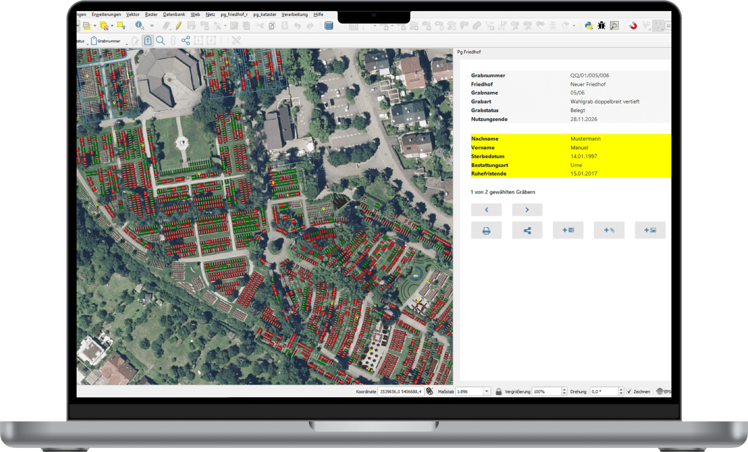 Der digitale Friedhofsplan mit den Grabdetails