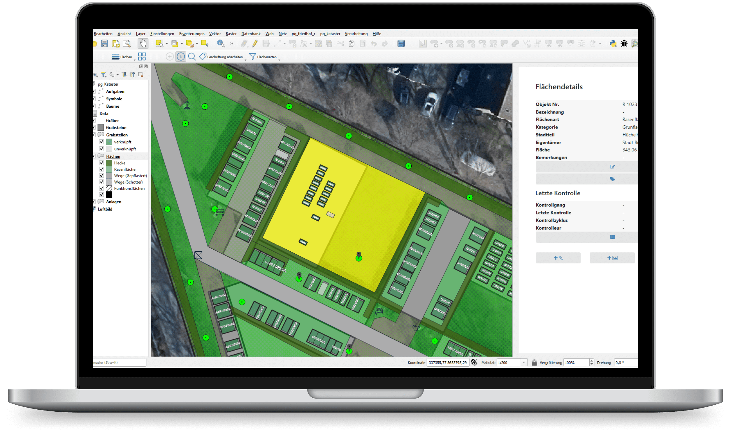 Die Desktop Anwendnung des Grünflächenkatasters mit den Flächendetails