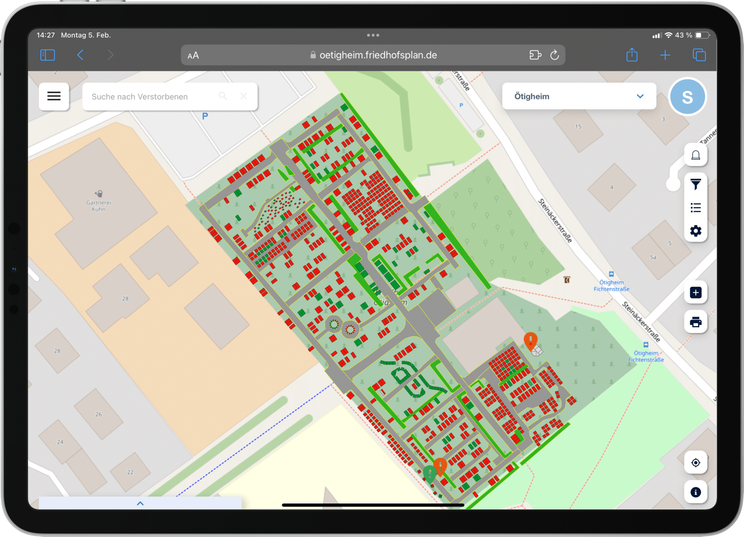 Der digitale Friedhofsplan von Ötigheim auf dem Tablet